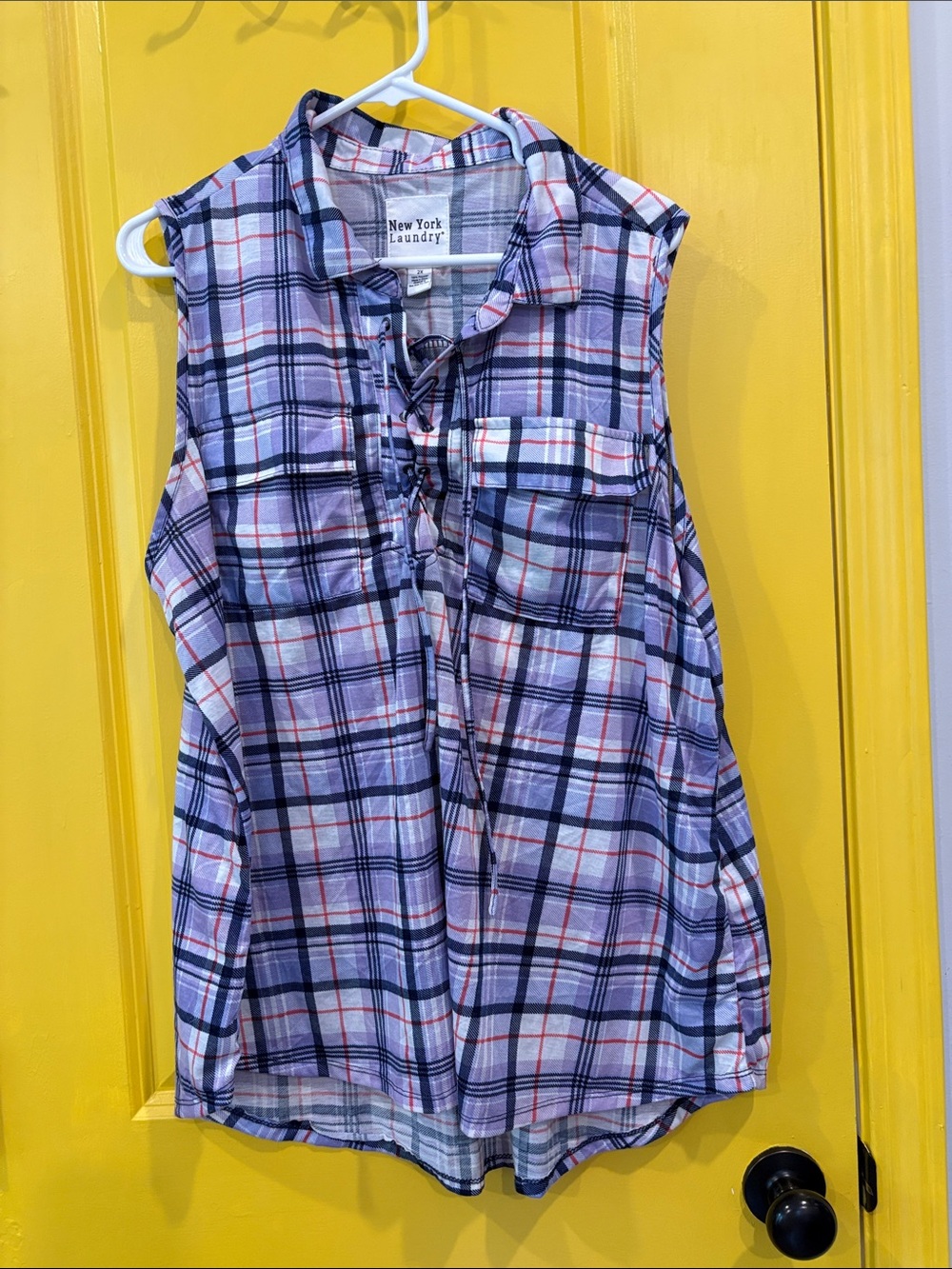 New York Laundry Plaid Sleeveless Button-Up Tank - Blue, White, Pink and Purple